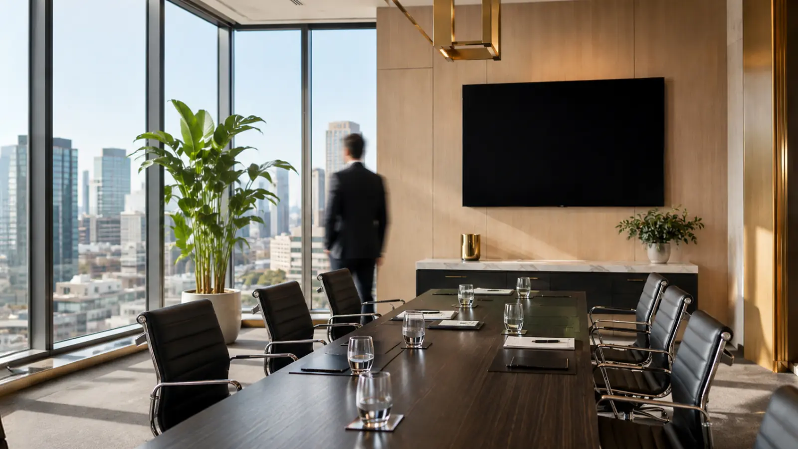 Sala de reunião vazia com vista para a cidade